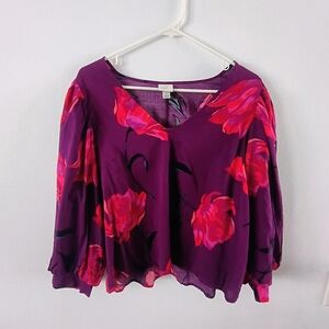 A New Day Floral V Neck Blouse Purple Pink Sheer Balloon Sleeve Womens L